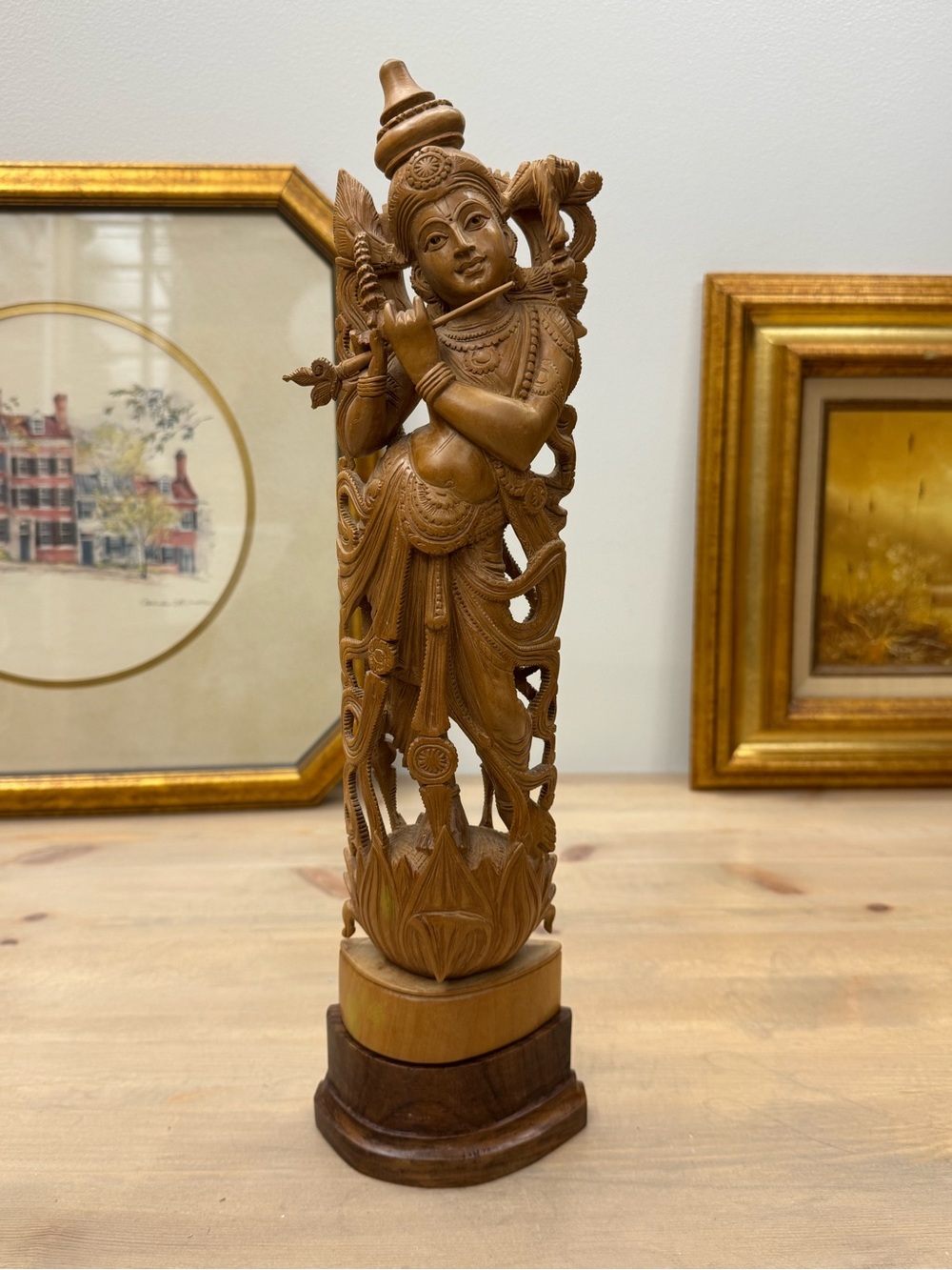Hand-Carved Wooden Krishna Statue - Natural Brown